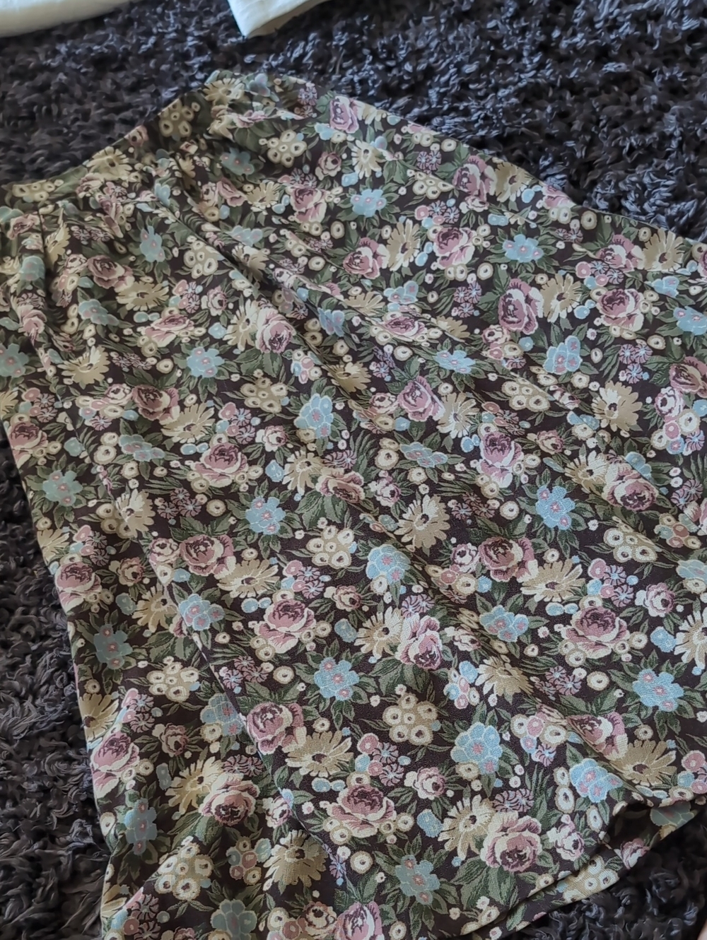 Floral Midi Skirt in Brown with Pink & Blue Blooms